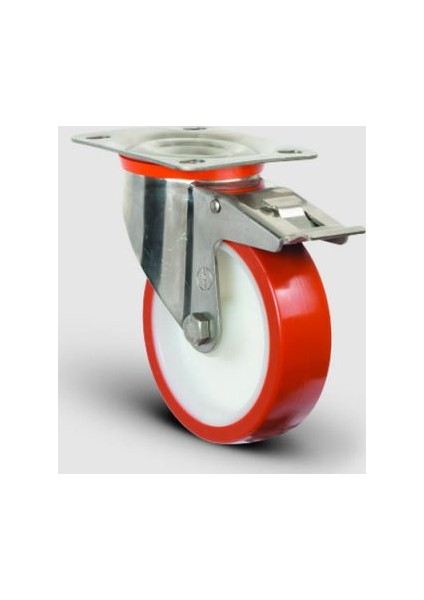 Paslanmaz Inox, Oynak Frenli Tabla Bağlantılı, Bilya Rulmanlı, Poliüretan Orta Sanayi Tekerleği Çap:125 - Ssez01 Zbp 125F