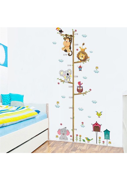 Animal Zoo World Boy Cetvel Boy Ölçer Aslan Maymun Koala Fil Kuşlar Çocuk Duvar Sticker 108X58 Cm