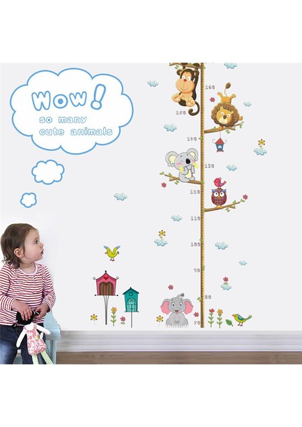 Animal Zoo World Boy Cetvel Boy Ölçer Aslan Maymun Koala Fil Kuşlar Çocuk Duvar Sticker 108X58 Cm