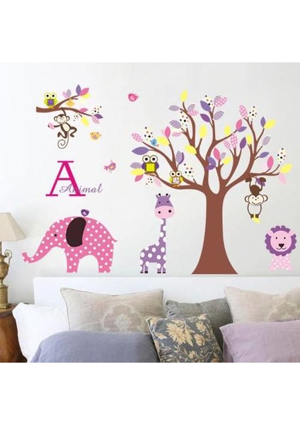 Çocuk Odası Duvar Sticker Fil Zürafa Maymun Aslan Orman Doğa Büyük Görsel 107X80 Cm Dir