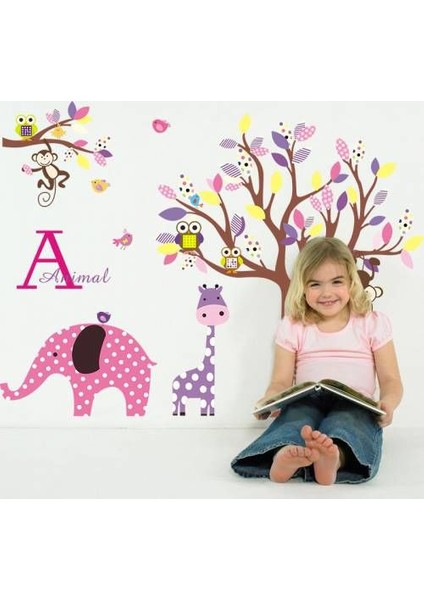 Çocuk Odası Duvar Sticker Fil Zürafa Maymun Aslan Orman Doğa Büyük Görsel 107X80 Cm Dir