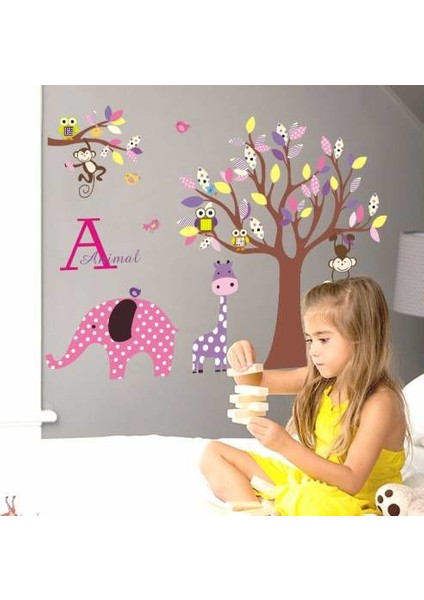 Çocuk Odası Duvar Sticker Fil Zürafa Maymun Aslan Orman Doğa Büyük Görsel 107X80 Cm Dir