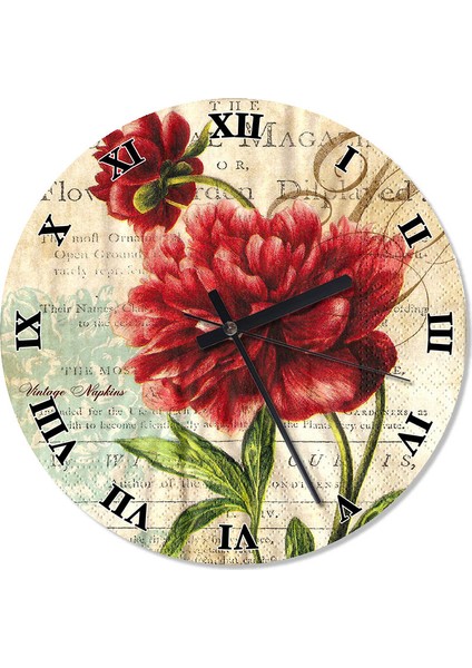 Kırmızı Çiçek Dekoratif Duvar Saati 30 X 30 Cm