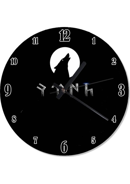 Siyah Zeminde Kurt Eski Türk Yazısı Analog Duvar Saati 30 X 30 Cm
