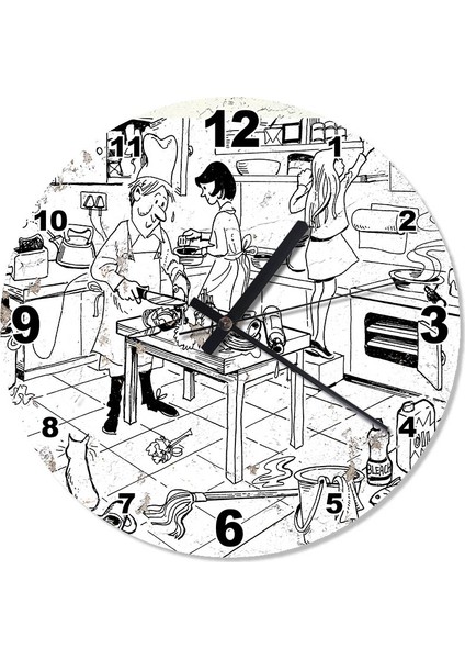 Siyah Beyaz Mutfak Çalışması Akarlı Duvar Saati 30 X 30 Cm