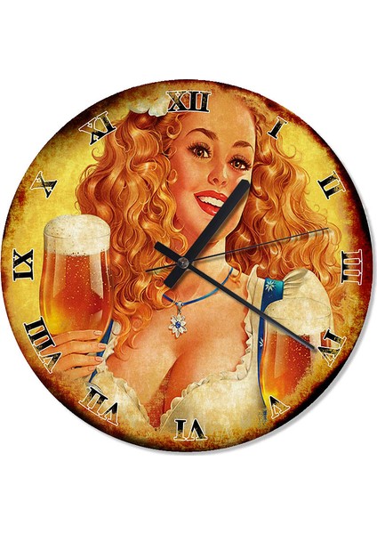 Bira İle Sarışın Kız Şekilli Duvar Saati 30 X 30 Cm