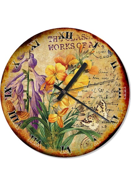 Eskitilmiş Sarı Çiçek Ve Kelebek Duvar Saati 30 X 30 Cm