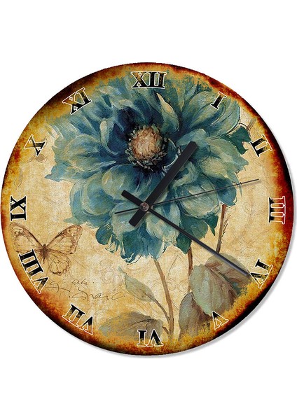 Mavi Çiçek Ve Kelebek Baskılı Duvar Saati 30 X 30 Cm