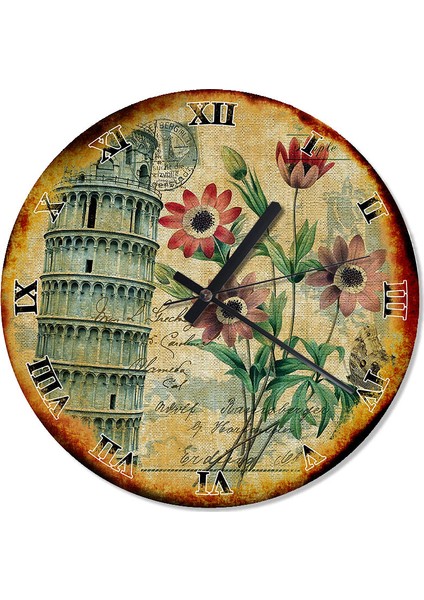 Pizza Kulesi Ve Çiçek Desenli Duvar Saati 30 X 30 Cm