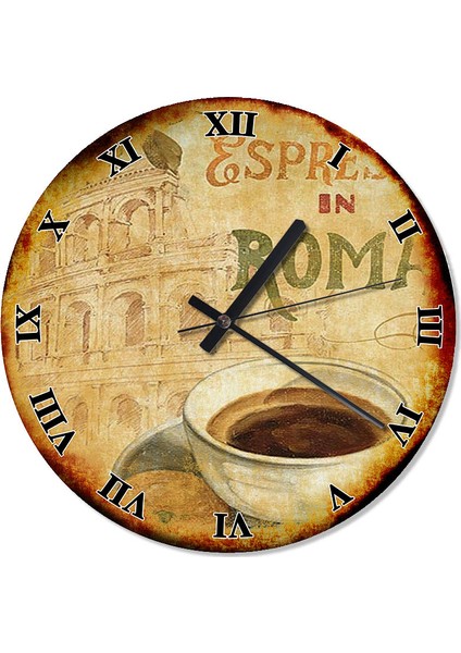 Retro Romada Espresso Kahve Akarlı Duvar Saati 30 X 30 Cm