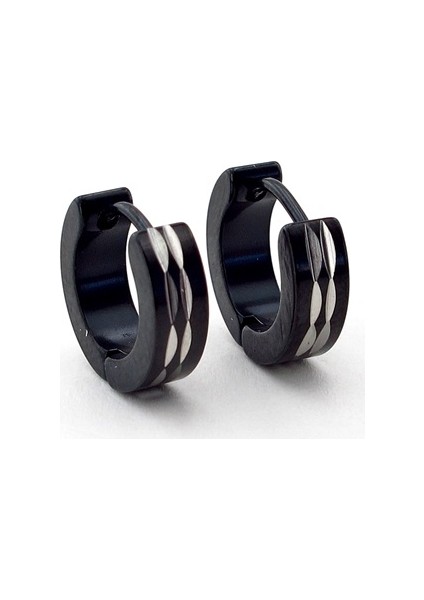 Çift Şeritli Siyah Renk Çelik Halka Erkek Küpe E427