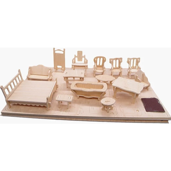 Woodcraft 184 Parça Minyatür Boyanabilir Ev Eşyaları Maketi 3D Ahşap Oyuncak Mobilya Seti