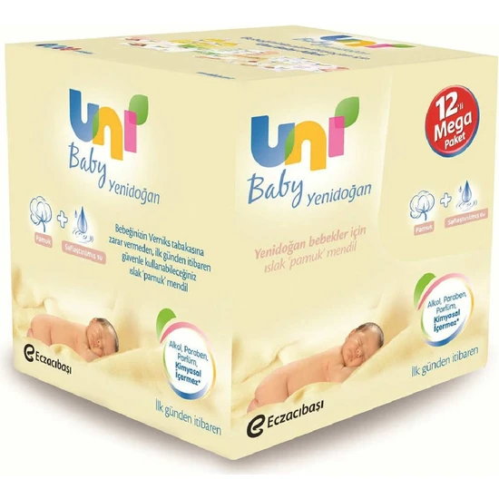 Uni Baby Yenidoğan Islak Pamuk Mendil 12'li Fırsat Paketi / 480 Yaprak