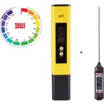 Hubstein Dijital Ph Metre / 0.01 Hassasiyetinde Su Sıvı Akvaryum Ph Ölçer Pil Kap ve 2 Adet Çözelti Hediyeli + Daldırmalı Termometresi Seti
