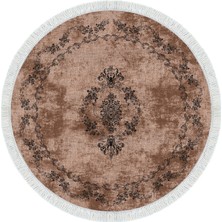 Luxury Home Exclusive Toprak Saçaklı Dijital Halı Yuvarlak Fannie Kahve