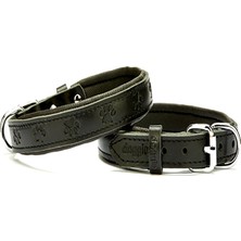 Doggie Dayanıklı Ayarlanabilir Konforlu Gerçek Deriden El Yapımı Pati Desenli Köpek Boyun Tasması 2X30-35 cm Siyah
