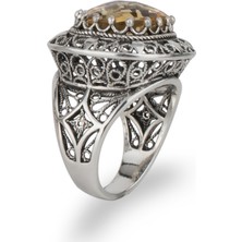 Filigran Silver 925 Ayar Gümüş El Tasarımı Telkari Sanatı Doğal Citrine Taşlı Kutup Yıldızı Motifli Kadın Yüzük