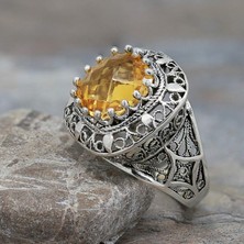 Filigran Silver 925 Ayar Gümüş El Tasarımı Telkari Sanatı Doğal Citrine Taşlı Kutup Yıldızı Motifli Kadın Yüzük
