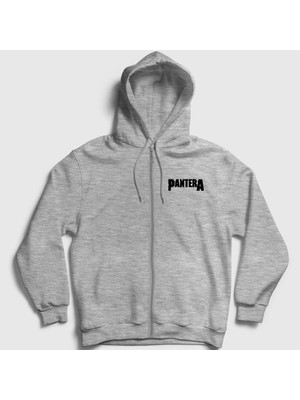 Presmono Unisex Gri Logo Pantera Fermuarlı Kapüşonlu Sweatshirt