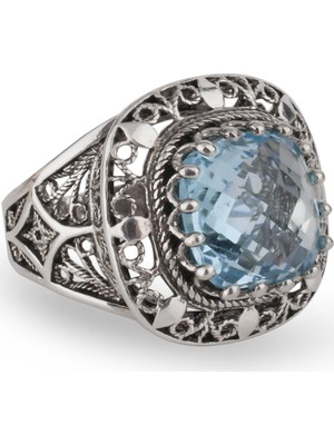 Filigran Silver 925 Ayar Gümüş El Tasarımı Telkari Sanatı Doğal Sky Blue Topaz Taşlı Kutup Yıldızı Motifli Kadın Yüzük