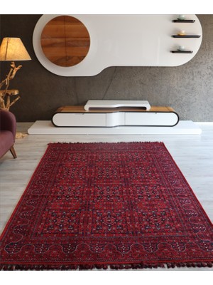 Arte Halı Afgan Kırmızı Salon Halısı Arte Etnik Kilim Yıkanabilir Mutfak Halısı Kaymaz Taban Dekoratif Halı