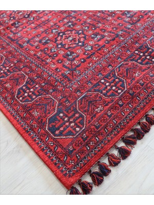 Arte Halı Afgan Kırmızı Salon Halısı Arte Etnik Kilim Yıkanabilir Mutfak Halısı Kaymaz Taban Dekoratif Halı