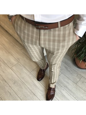 Terzi Adem Italyan Stil Slim Fit Erkek Ekoseli Kumaş Pantolon Bej T5486