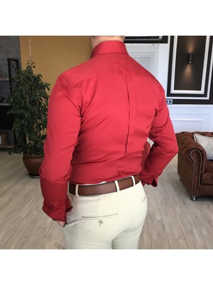 Terzi Adem Italyan Stil Slim Fit Dik Yaka Saten  Erkek Kırmızı Gömlek T4113