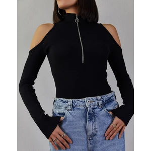 Hepsi Kıyafet Omuz Detaylı Fermuarlı Fitilli Esnek Bluz