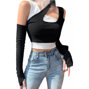 Hepsi Kıyafet Kadın İkili Crop Bluz Seti Straplez Kolsuz Siyah Beyaz Modern Tasarım