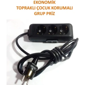 Ekonomik Siyah 3'lü Topraklı Çocuk Korumalı Grup Priz 3 Metre Kablo