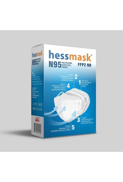 Hessmask N95 Ffp2 Nr Özellikli Ce ve Iso Sertifikalı Tek Tek Paketli 30 Adet Maske