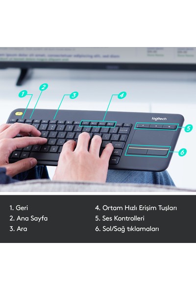 Logitech K400 Plus Dokunmatik Yüzeyli USB Bağlantılı Türkçe Q TV Klavyesi - Siyah