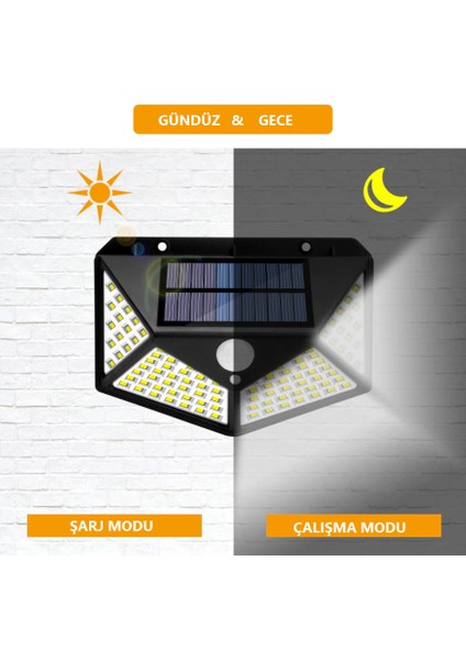 Zauss 100 LED Solar PIR Hareket Sensörlü Su Geçirmez Duvar Bahçe Lambası IP65