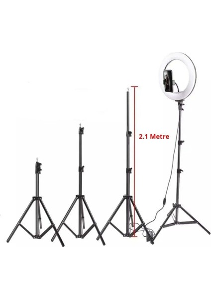 12 inç LED Işıklı Telefon Tutuculu 210 cm Tripod Kuaför, Tiktok, Youtuber  Makyaj Işığı