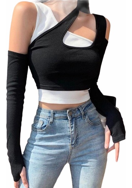 Kadın İkili Crop Bluz Seti Straplez Kolsuz Siyah Beyaz Modern Tasarım