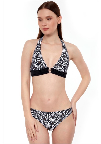 40664 Siyah Beyaz Çiçekli Bikini Takımı