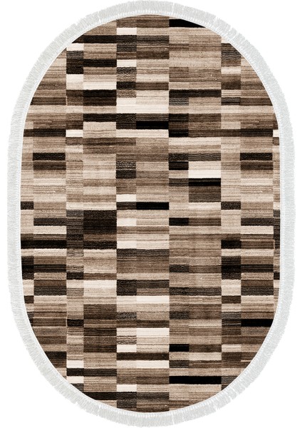 Gümüş Saçaklı Dijital Halı Oval Nicole Kahve