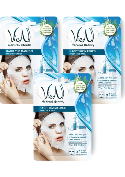 Kağıt Yüz Maskesi Amino Asıt+ Yoğun Nemlendirici + Canlandırıcı (3'lü Paket)