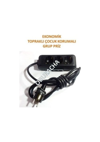 Ekonomik Siyah 3'lü Topraklı Çocuk Korumalı Grup Priz 8 Metre Kablo