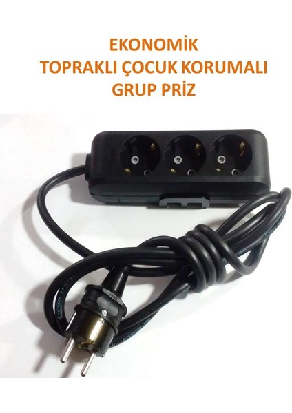 Ekonomik Siyah 3'lü Topraklı Çocuk Korumalı Grup Priz 3 Metre Kablo