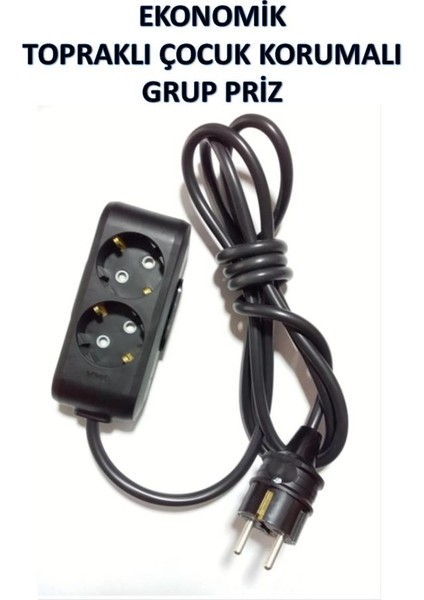 Ekonomik Siyah 2'li Topraklı Çocuk Korumalı Grup Priz 6 Metre Kablo