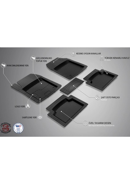 3D Plus Ekstra Havuzlu Kauçuk Paspas Siyah 5 Parça