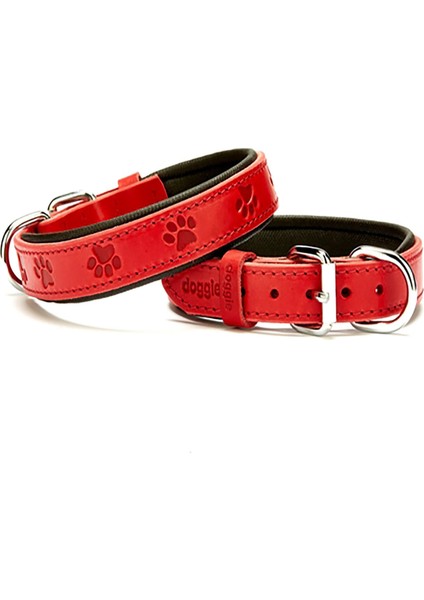 Dayanıklı Ayarlanabilir Konforlu Gerçek Deriden El Yapımı Pati Desenli Köpek Boyun Tasması 2,5X37-45 cm Kırmızı