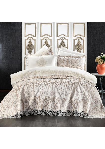 Astor Damask Krem/bej Çift Kişilik Saten Nevresim Pike Seti