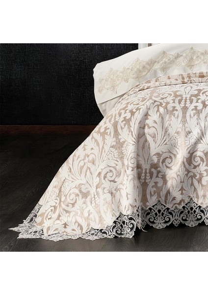 Astor Damask Krem/bej Çift Kişilik Saten Nevresim Pike Seti