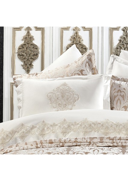 Astor Damask Krem/bej Çift Kişilik Saten Nevresim Pike Seti