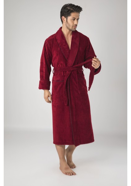 Bordo Pitikare Desenli Bambo Cotton Erkek Bornozu