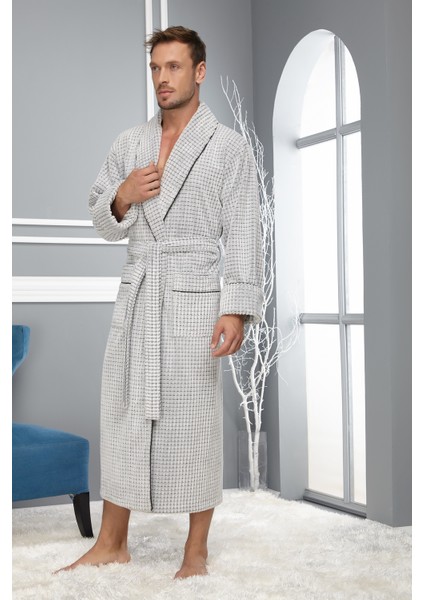 Açık Gri Pitikare Desenli Bambo Cotton Erkek Bornozu