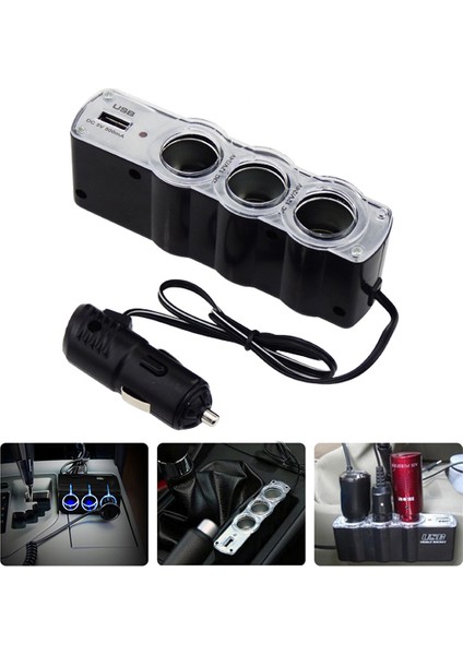 3 Port + 1 USB Oto Araç Çakmaklık Çoğaltıcı Çoklayıcı Hub